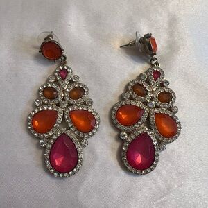 Orange pink silver rhinestone earrings